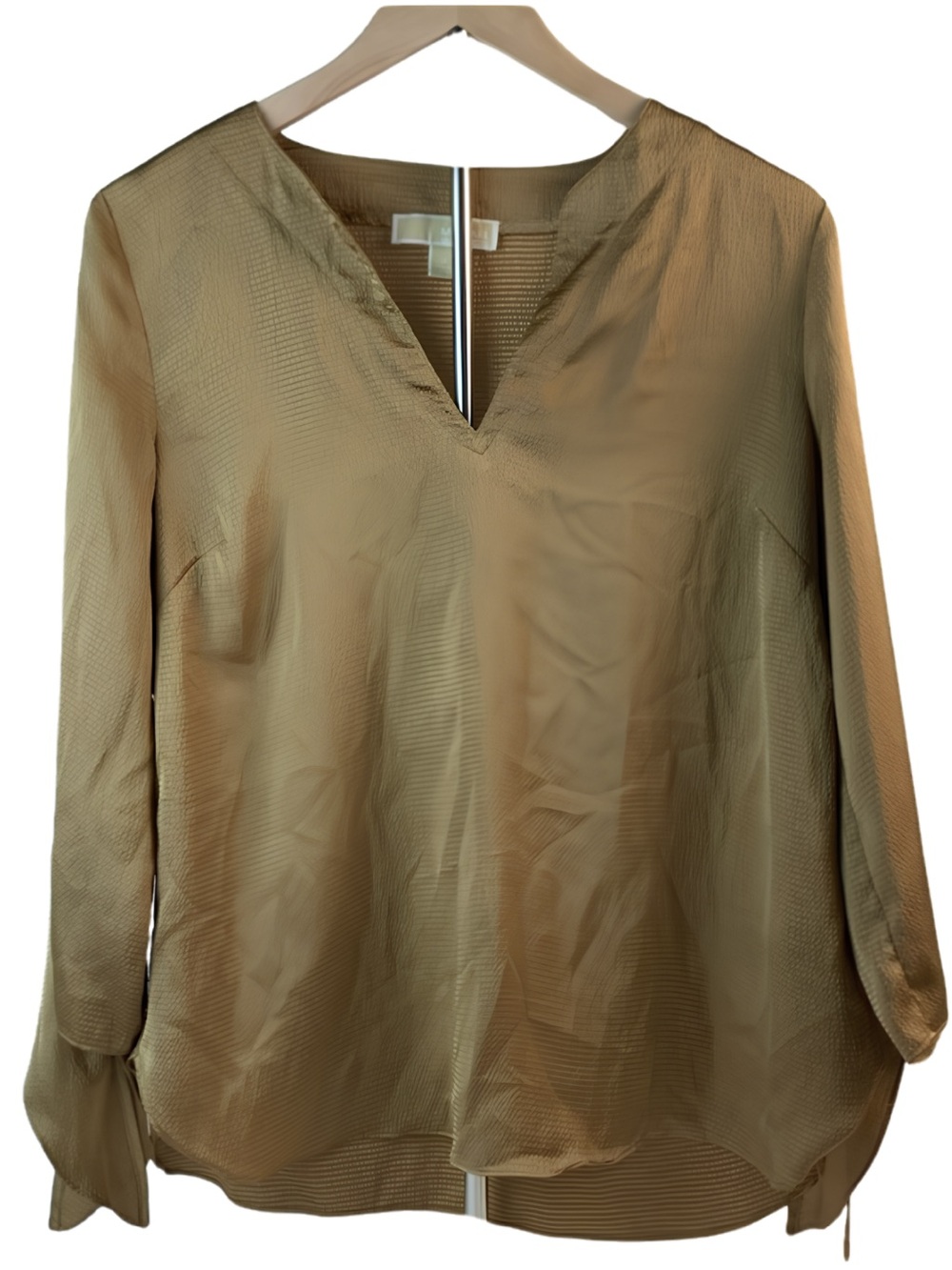 Michael Kors Women Tan Satin V-Neck Long Tie Sleeve Blouse M Boho Minimalist